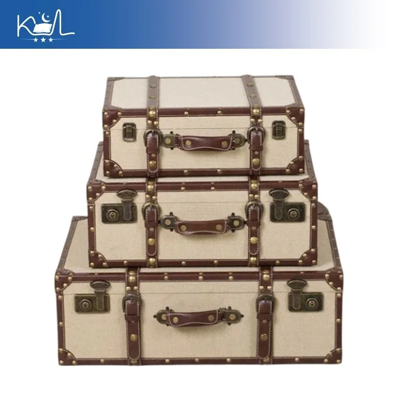 

Vintage Linen Fabric Storage Trunk, Distressed Large Capacity Handheld Decorative Suitcase, Retro Storage Box for Home Display