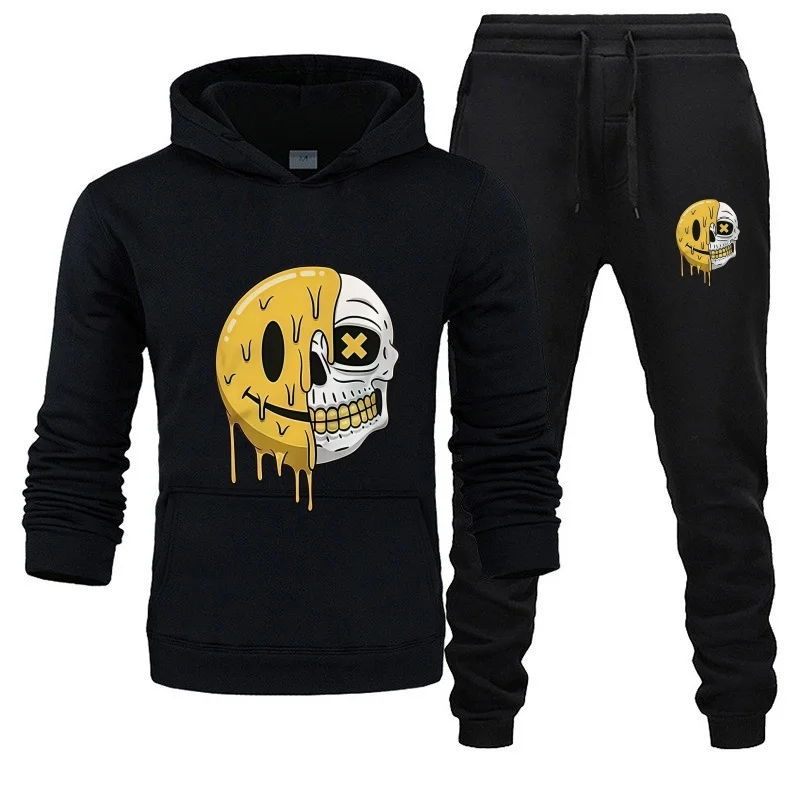 New Fashion Hoodie Pocket Casual Hoodie Sport Set+Drawstring Pants Skull Pattern Printed Two Piece Set