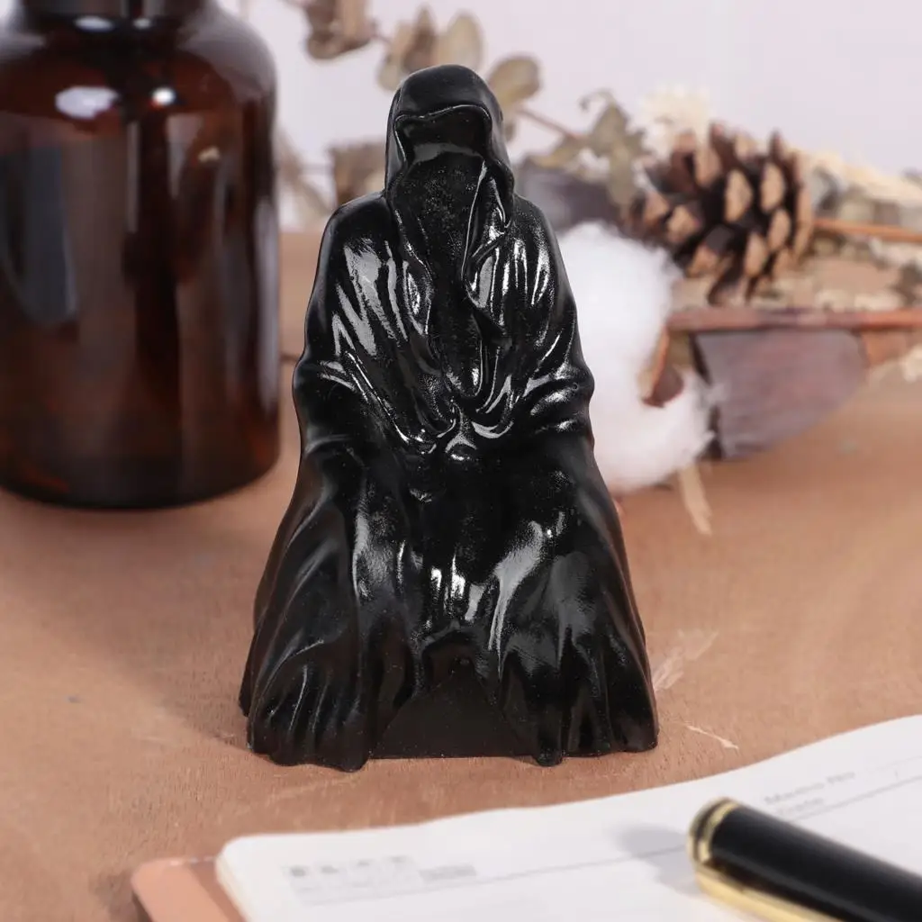 Hand Carved Black Obsidian Witch Resin Figurine Healing Stone Statue For Desktop Ornaments Home Decor