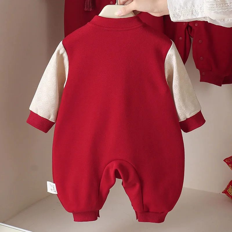 2026 Spring Autumn Baby Boy Boutique Clothing Chinese Style New Year Embroidery Red Jumpsuits Infant Romper Newborn Items B196