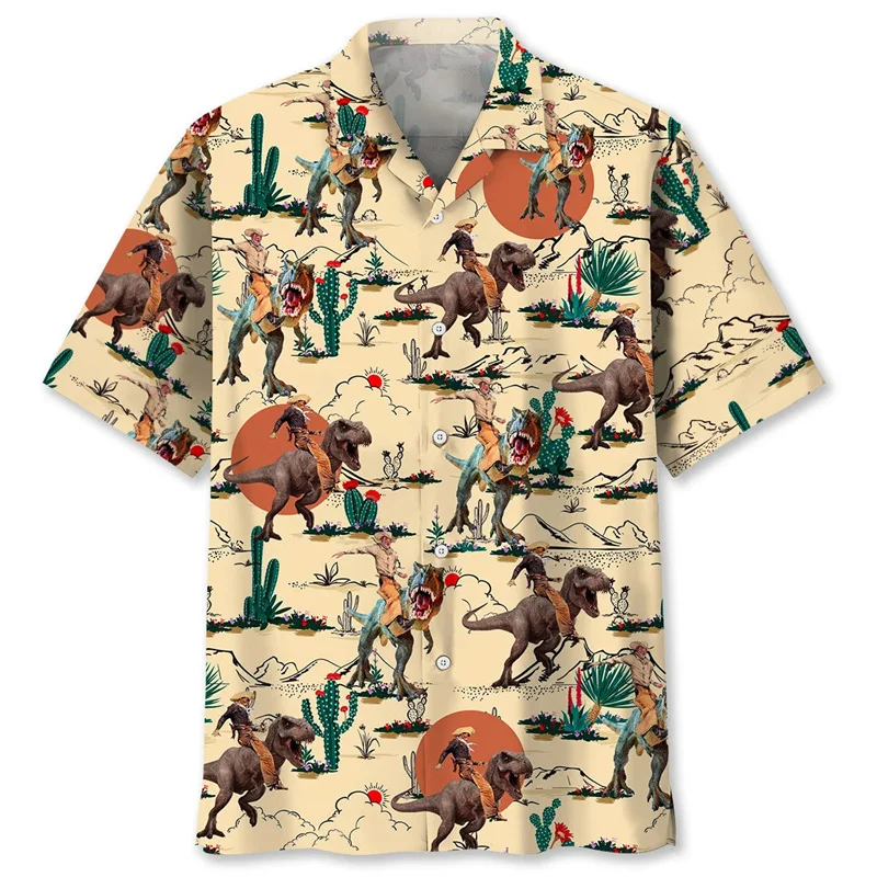 Cartoon Dinosaur Graphic Hawaiian Shirt For Men Summer Beach 3d Printed Animal Short Sleeves Tops Oversized Lapel Button Blouse