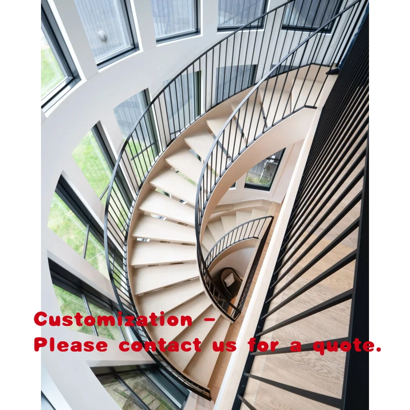 custom.Curved Wrought Iron Staircase Glass Solid Wood Construction Durable Installation Modern Design Indoor High-end