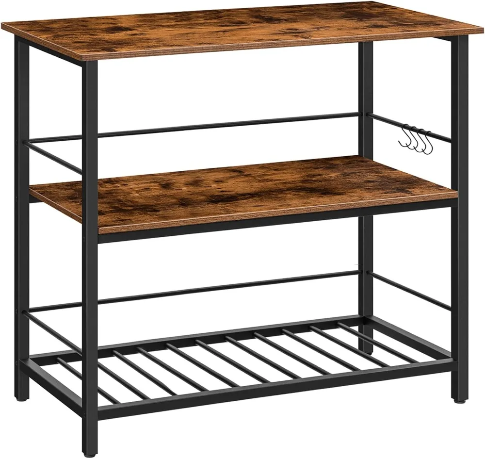 HOOBRO Kitchen Island with Wine Rack, Industrial Kitchen Counter with Hooks and Protective Rails, 3 Tier Kitchen Shelf