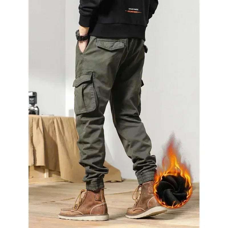 New Multi-Pockets Winter Cargo Pants Men Fleece Liner Thick Warm Slim Fit Joggers Streetwear Casual Cotton Thermal Trousers