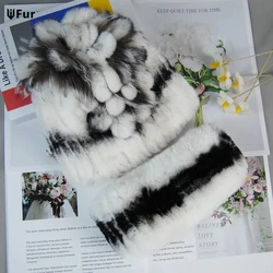 New Style Lady Knit Fur Hats Muffler 2 Pieces Women Warm Rex Rabbit Fur Hat Scarf Sets Winter Natural Rex Rabbit Fur Cap Scarves