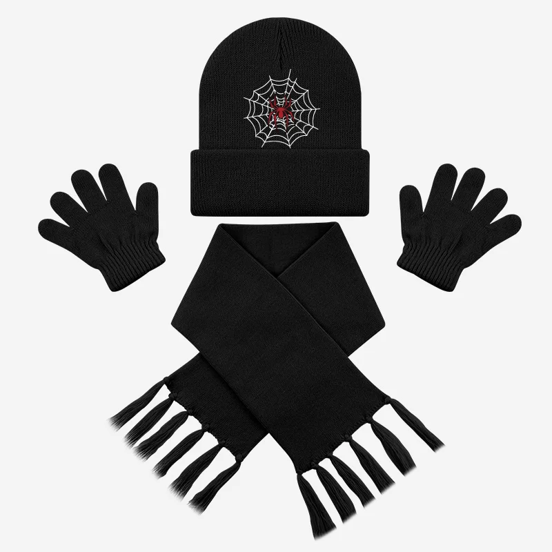 Fun Trendy 3Pc 1‑3Y Kids Knit Hat Scarf Gloves Set Spider Web Print Soft Cozy For Daily Stroll Home Relax Kids Costume Party