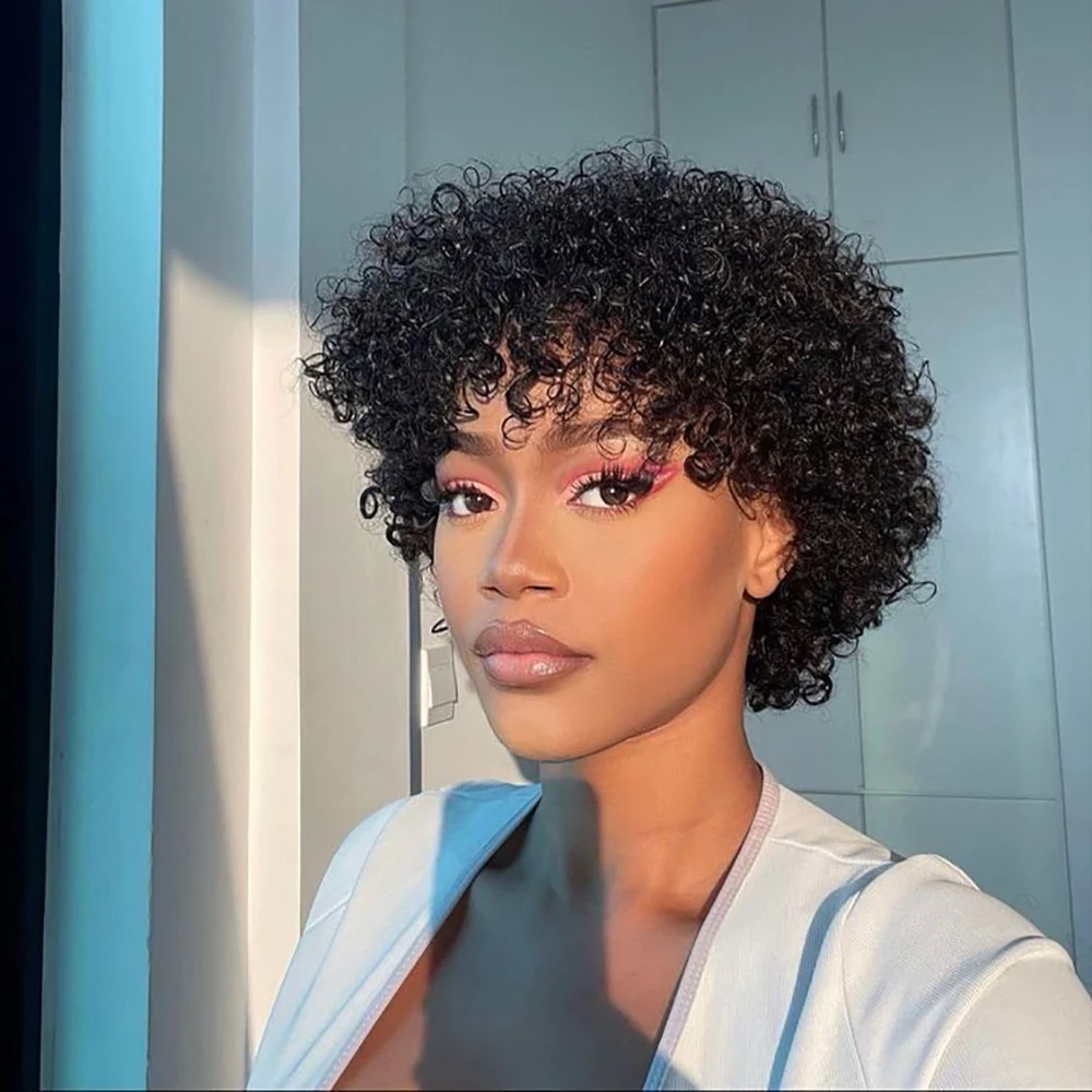 アフロ縮れ毛ウィッグ人毛女性用ショートふわふわ巻き毛ウィッグ人毛フルマシンメイドピクシーカットアフロウィッグ