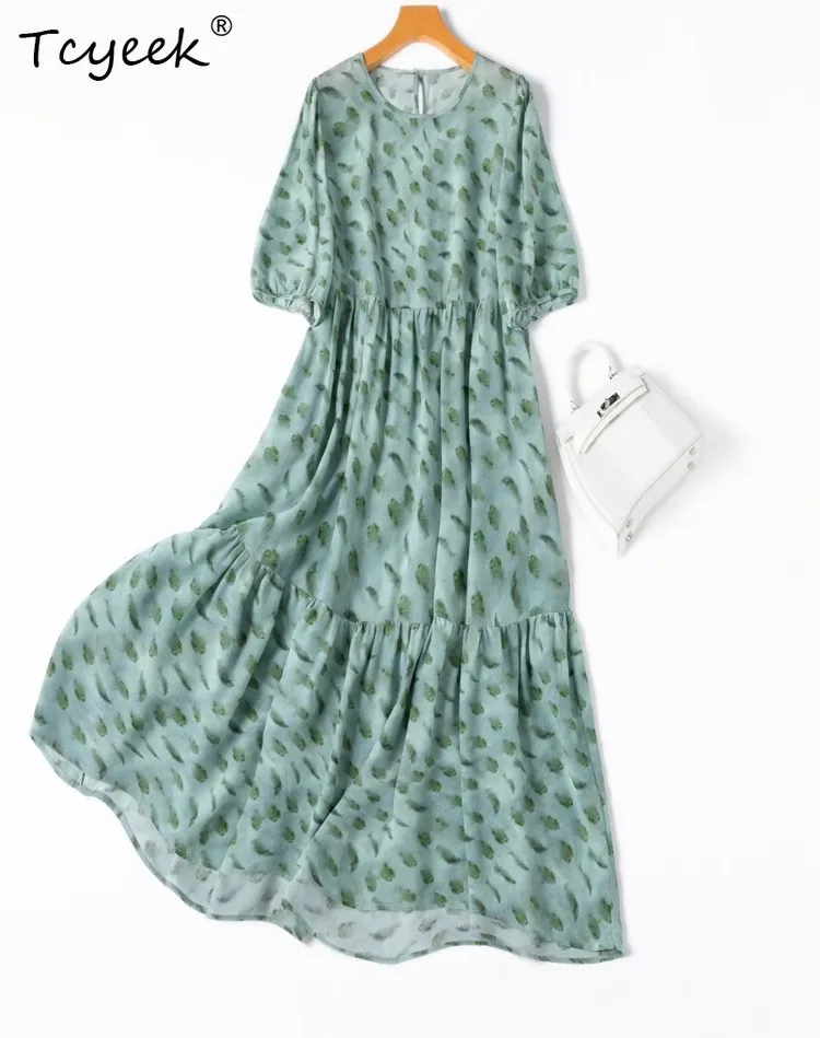 

Tcyeek Women's 100% Mulberry Silk Dress,Double Crepe Puff Sleeve Printing O-Neck Long Skirt, Vacation Style Dress D55728JF
