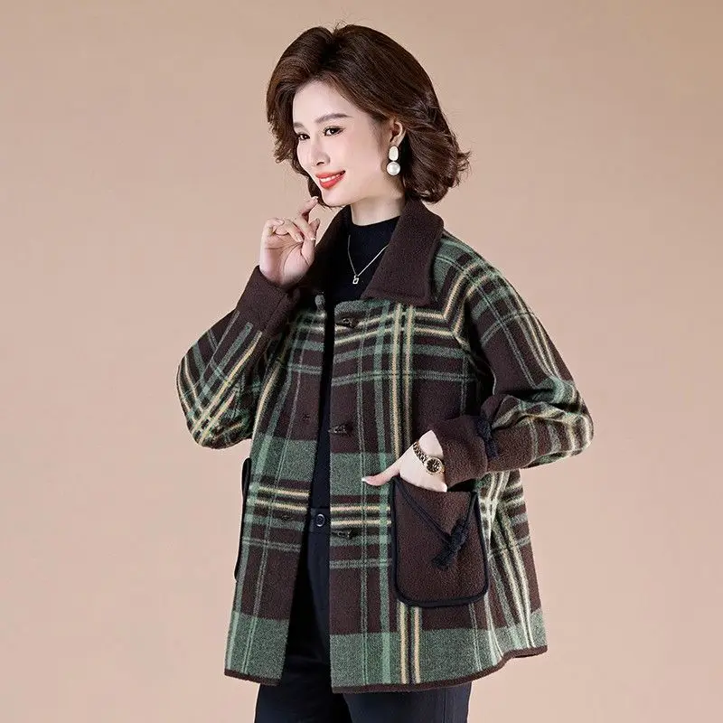 Mãe outono inverno casaco de lã moda meia-idade idosos feminino estilo ocidental nobre xadrez lã jaqueta feminina outwear