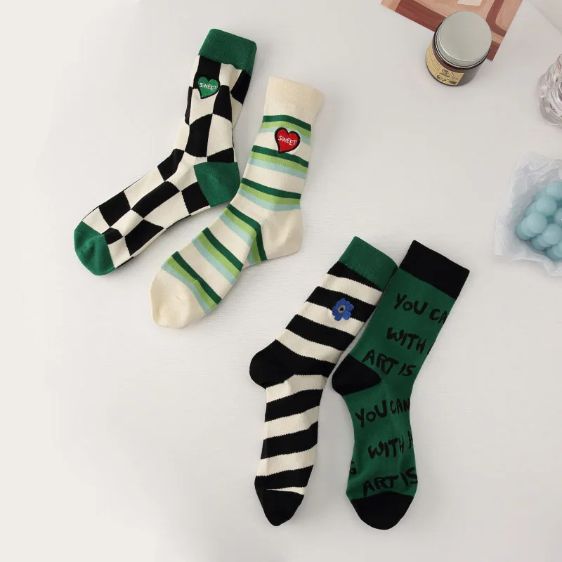 Socks Female Ins Tide Spring Green Thick Spring Embroidery Small Flowers Beautiful Cute Mid-tube Socks