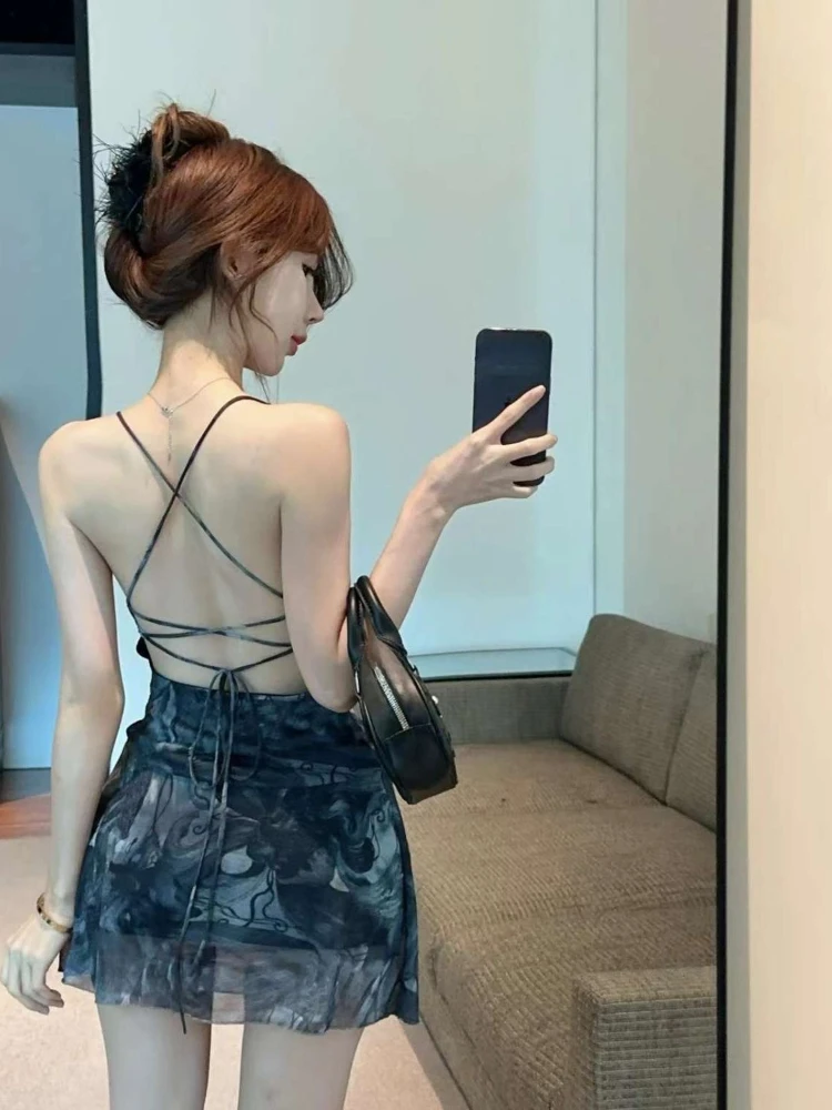 American Vintage Sexy V Neck Strap Dress Print Floral 2000s Y2k Evening Party Clothing Subculture One Piece Dress Korean Chic