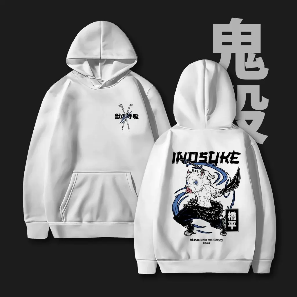 Demon Slayer Inosuke Felpa con cappuccio Anime Pullover Felpa Uomo Donna Unisex Casual Streetwear Autunno Inverno Felpe con cappuccio in cotone Cosplay