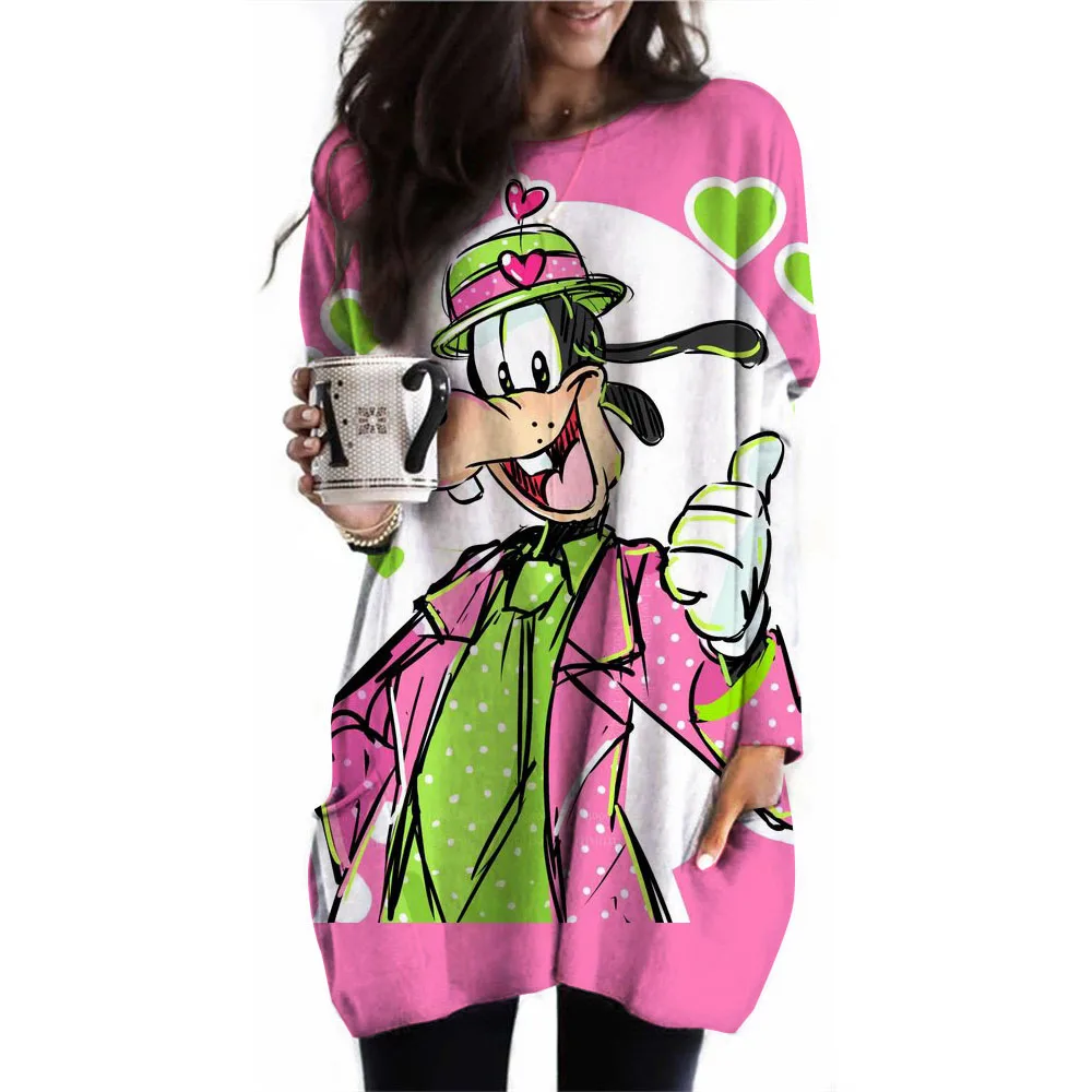 New Disney Goofy Women's T-shirt Casual Women's Pocket T-shirt Clothing Round Neck Pullover Oversized Sports Shirt Women's Autum