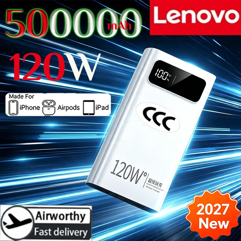 Портативное зарядное устройство Lenovo CCC 500000 мАч 120 Вт для Xiaomi, с большой емкостью, сверхбыстрой зарядкой, цифровым дисплеем, для iPhone.