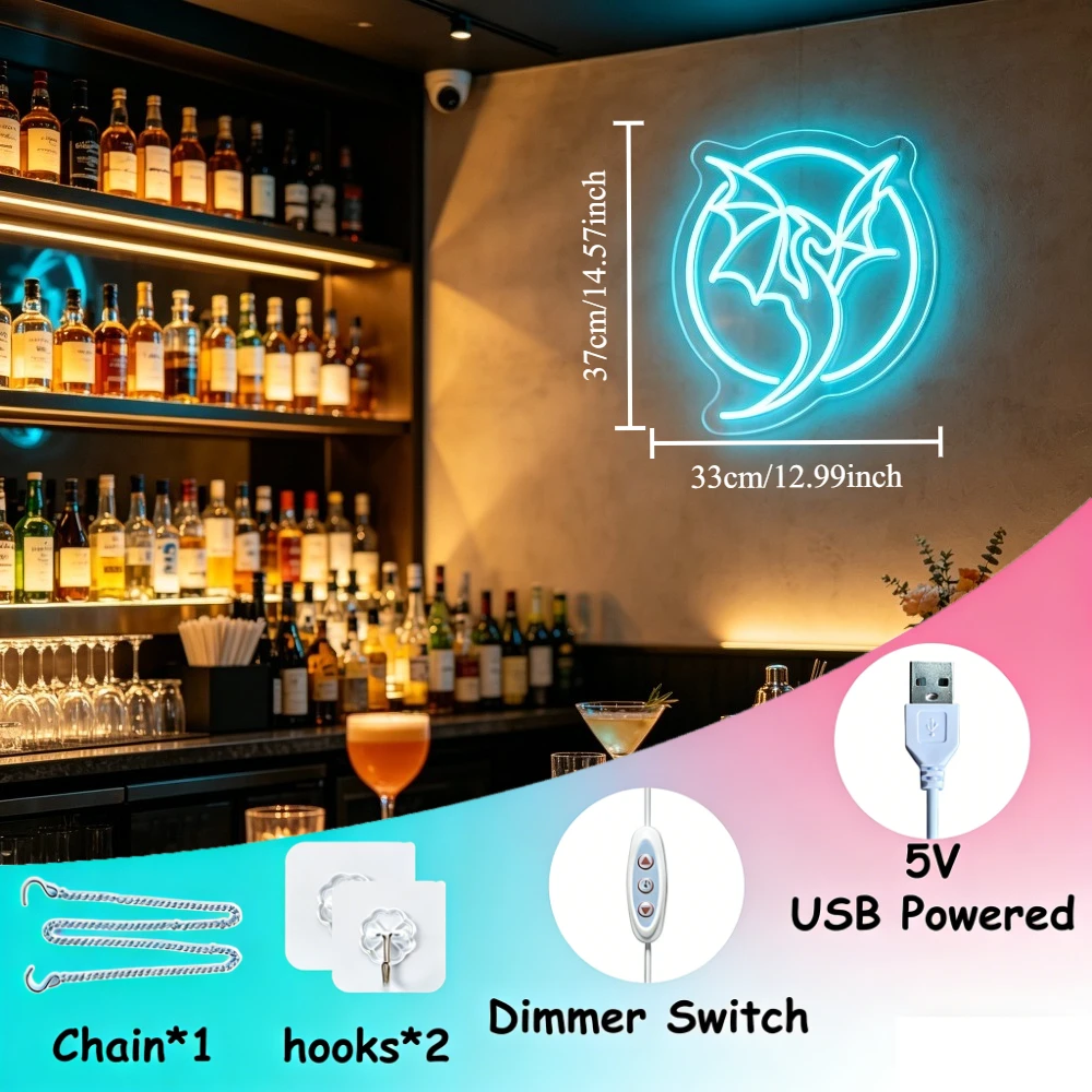 Bat Neon Sign Dimmable USB LED Wall Light for Halloween Horror Party Gameroom Goth Haunted House Escape Room Dark Academia Decor