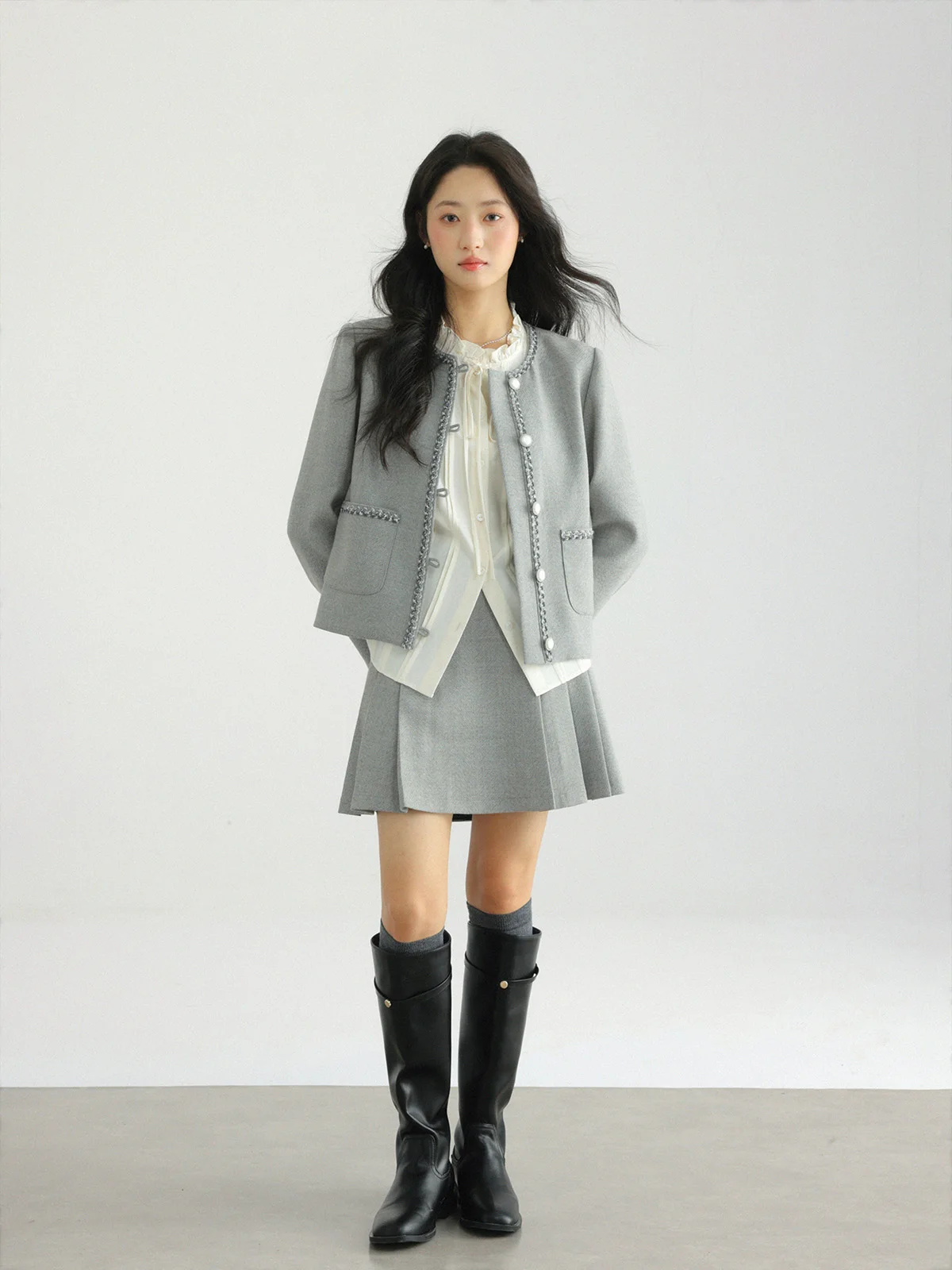 Elegant Three-Piece Set: Frill Collar Blouse, Tweed Jacket with Silver Accents, and a Pleated Wool Skirt, Perfect for Chic