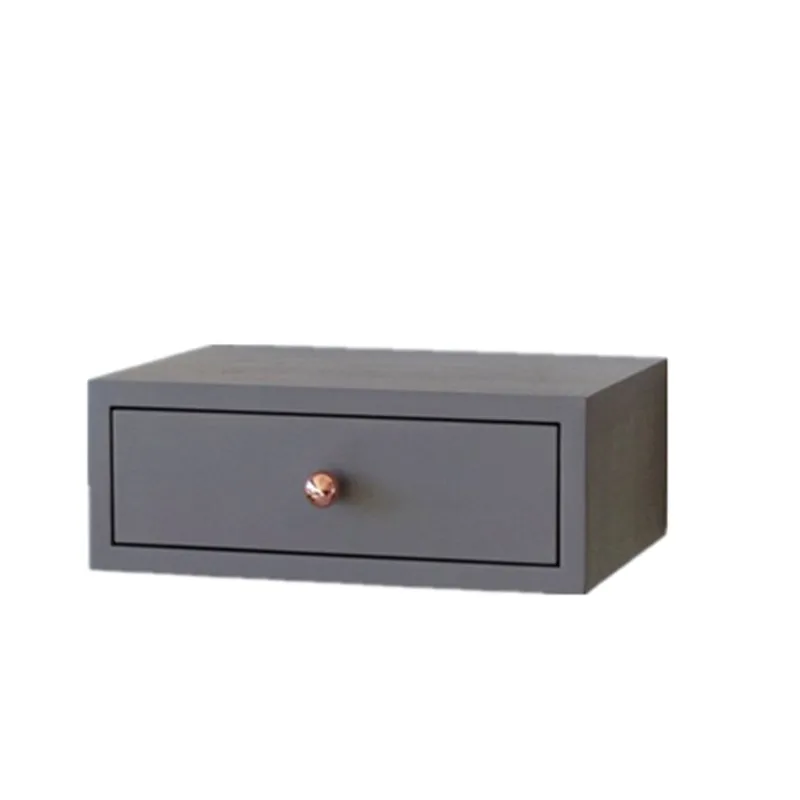 Grey solid wood bedside table with drawers, minimalist storage, suspended bookcase, dresser, bedside table