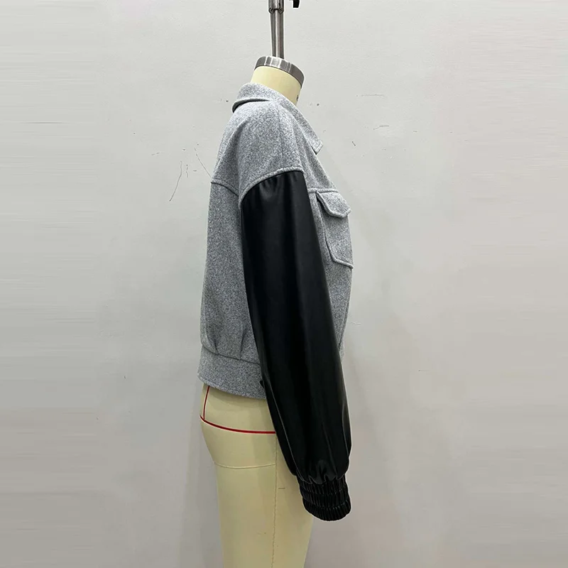Kunstleder-Patchwork Wolljacken für Damen Street-Style Revers Langarm Reißverschluss Paneelierte Locker Sitzende Jacke Schicke Damen-Oberbekleidung Neu – Detail 4