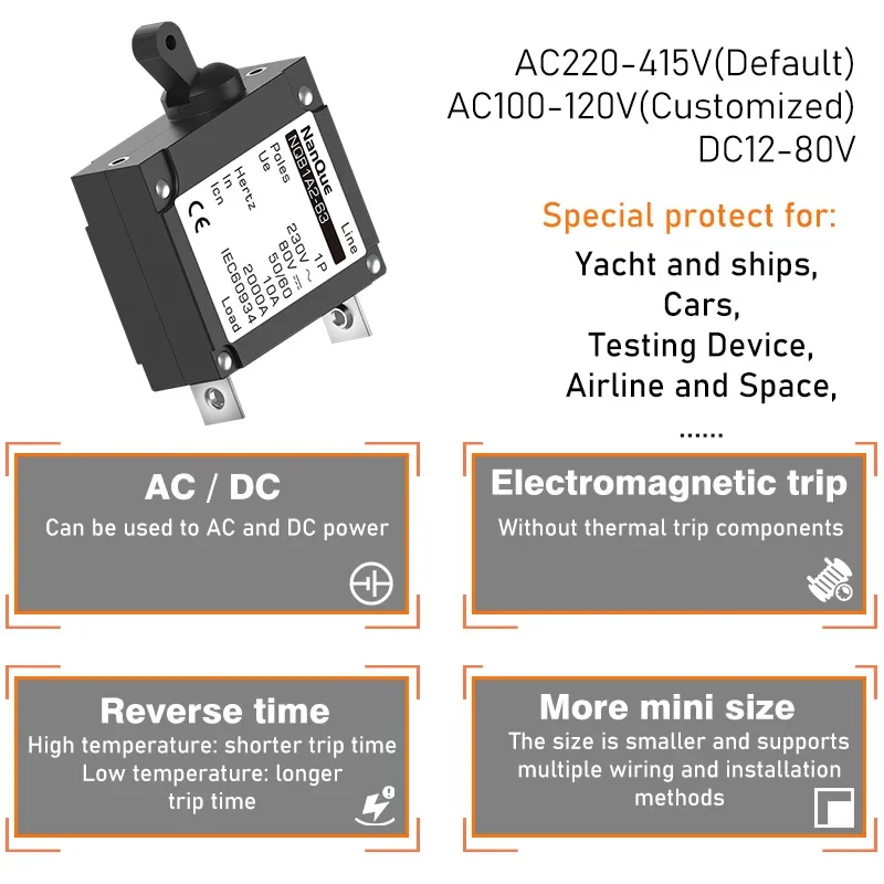Hydraulic Electromagnetic Circuit Breaker 1A-63A NQB1A2 Boat Yacht UPS Device Use Overload Short-circuit Protection 1P 2P 3P 4P