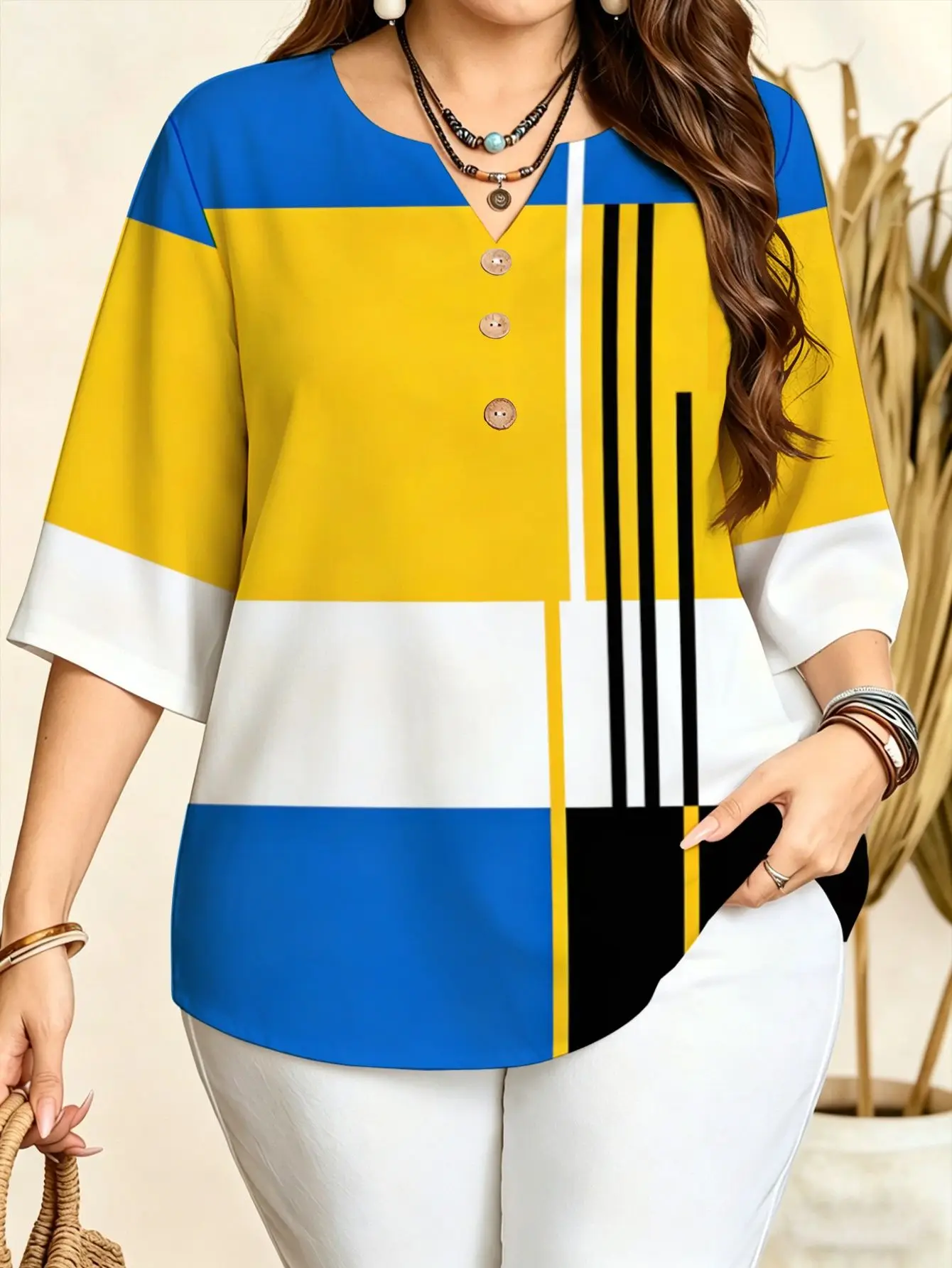 Leopard Geometric Color Block Vertical Stripe Print Women Blouse Notch V Neck 3/4 Sleeve Daily Office Vacation Casual Tops