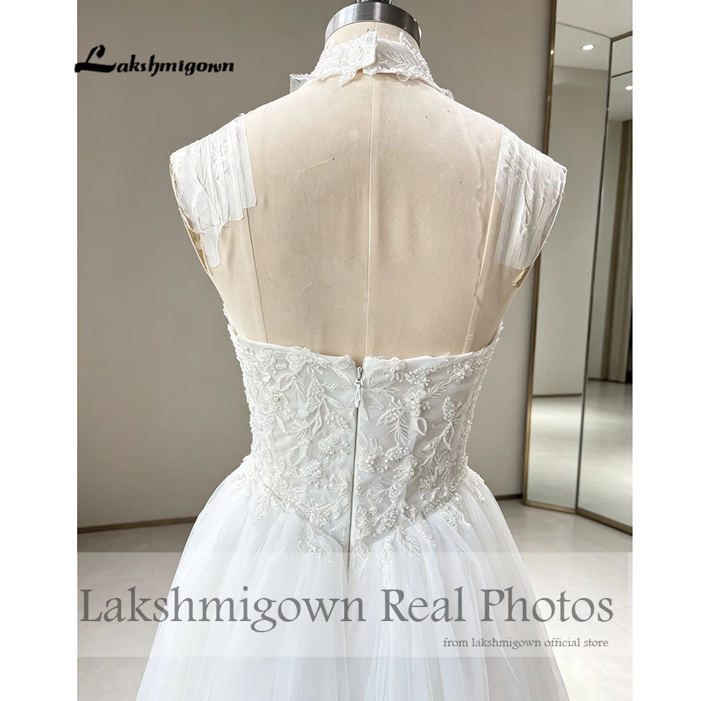 Lakshmigown Neckholder-Illusion-Hochzeitskleider 2027 Echte Fotos Perlen Spitze Applikation Tüll A-Linie Brautkleid Maßanfertigung – Detail 8