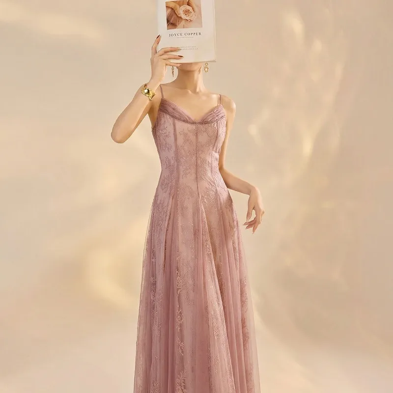 Elegant Pink Tulle Lace Embroidered Dress Women Spaghetti Strap A-Line Wedding Guest Maxi Dress