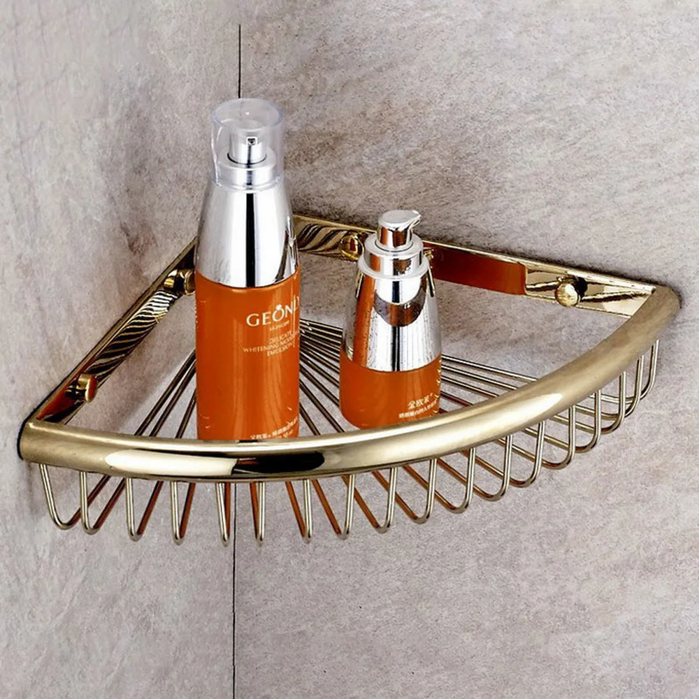 Polished Gold Color Brass Wall Mounted Bathroom Shower Basket Soap Sponge Shower Storage Basket Shelf Shampoo Holder azh123