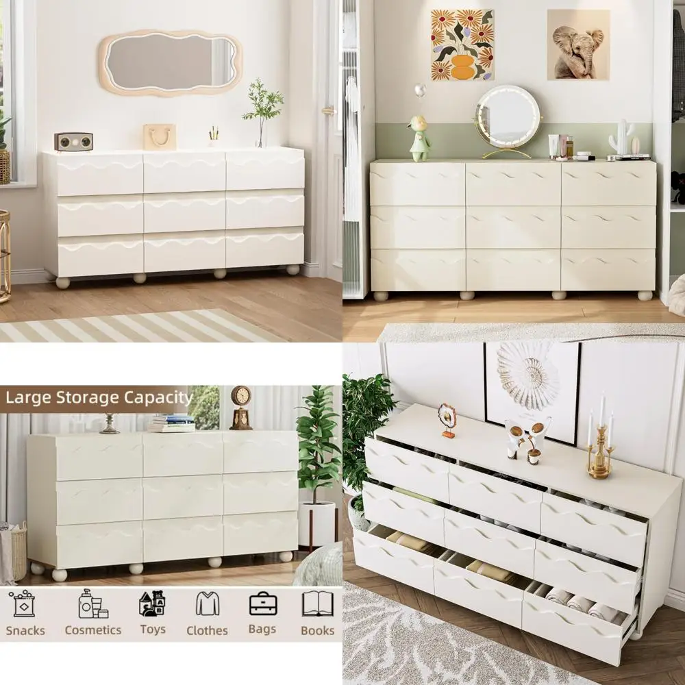 

anbuy begie scalloped dresser for bedroom with 9 drawers, 63" wide modern chest of drawers with hidden handle, wooden dresser, f