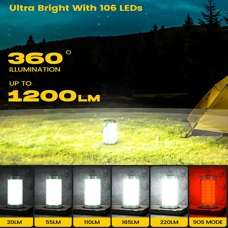 IP68 Waterproof Outdoor Led Camping Lights Lanterns Rechargeable 5000mAh Survival 1200LM Hiking Survival Camping Lights Lanterns