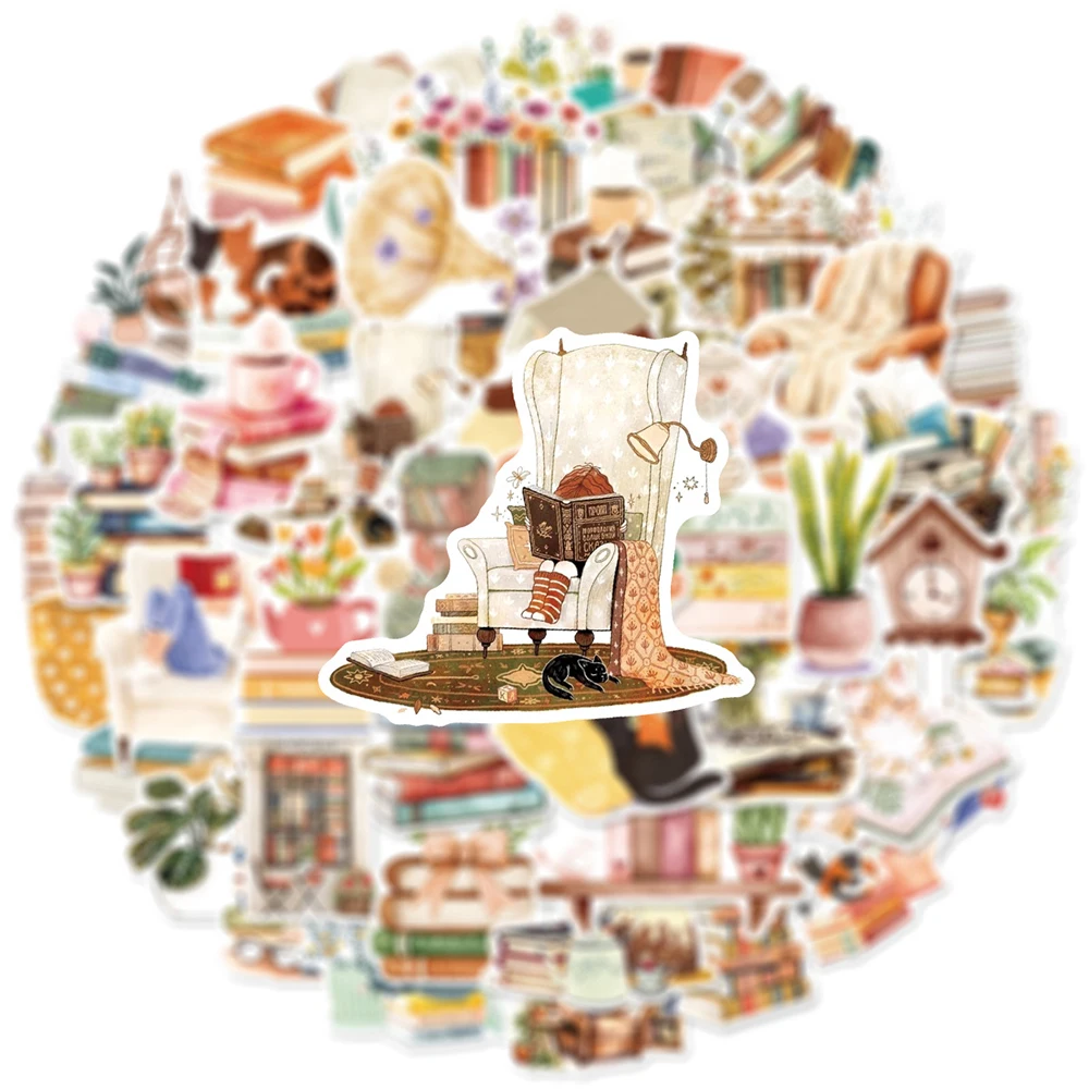 10/30/50pcs Vintage Watercolor Books Reading Stickers Aesthetic Graffiti Decals DIY Notebook Suitcase Laptop Decoration Sticker