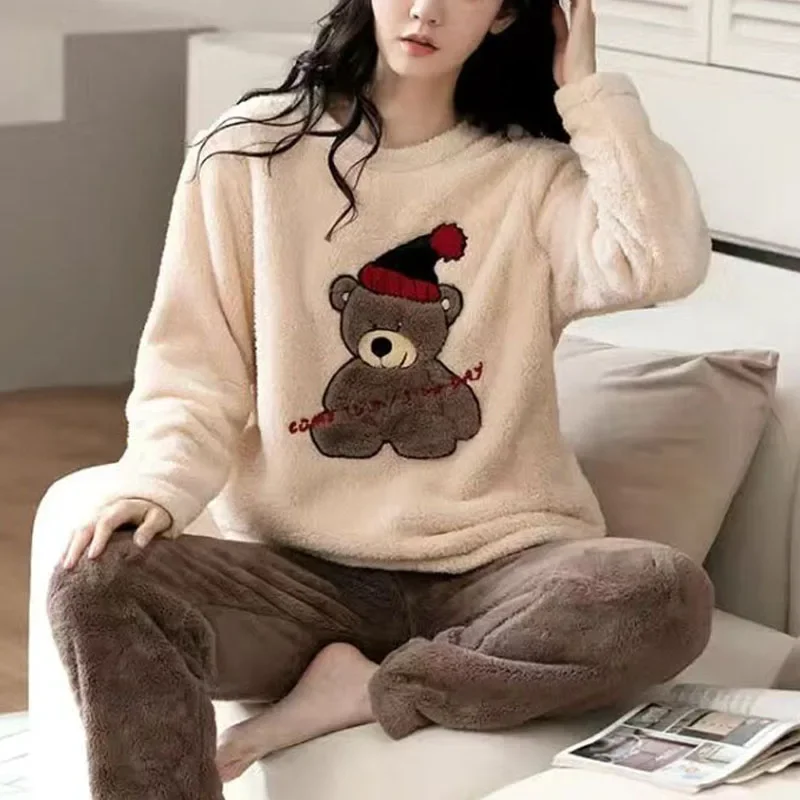 Thickened Warm Large Size Padded Fall and Winter Women's Pajamas Top and Pants Set Coral Velvet Ladies Cartoon Bear 2PCS/Set