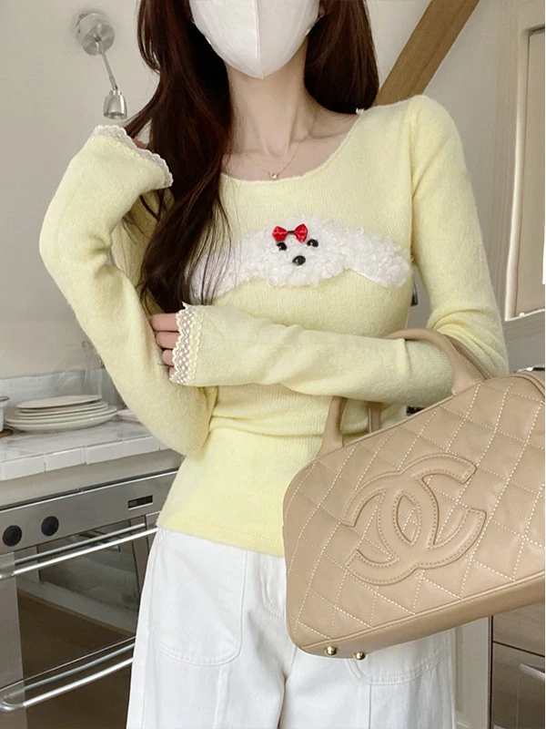 

Модная женская трикотажная рубашка с длинным рукавом в нежном стиле, с кружевными вставками, осенне-зимняя новинка, из полиэфирного волокна