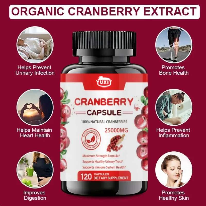 YUXIT Cranberry Concentrated Extract Pill+vitamin C | 30000 Mg | 120 Capsules | Triple Potency Formula | Non Gmo