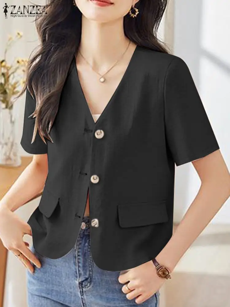 

ZANZEA Elegant Women V Neck Blouse 2024 Fashion OL Work Short Sleeve Shirt Summer Blazer Tops Casual Solid Blusas Party Chemise