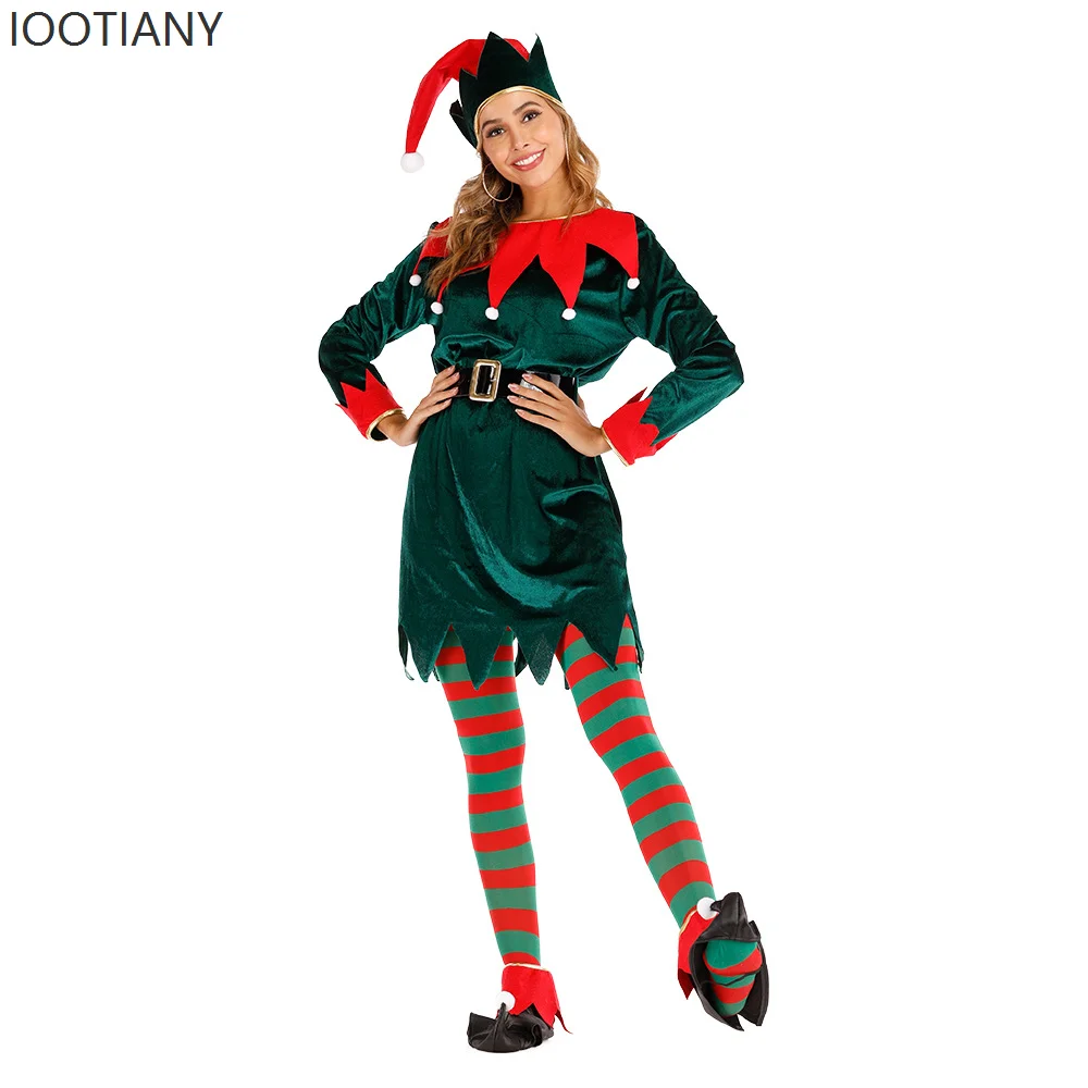 

IOOTIANY Christmas Women's Christmas Elf Costume Cosplay Green Bodysuit Santa Claus Bar Party Stage Performance Costume Set