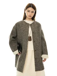 Autumn and winter women's casual solid color round neck long sleeved loose coat