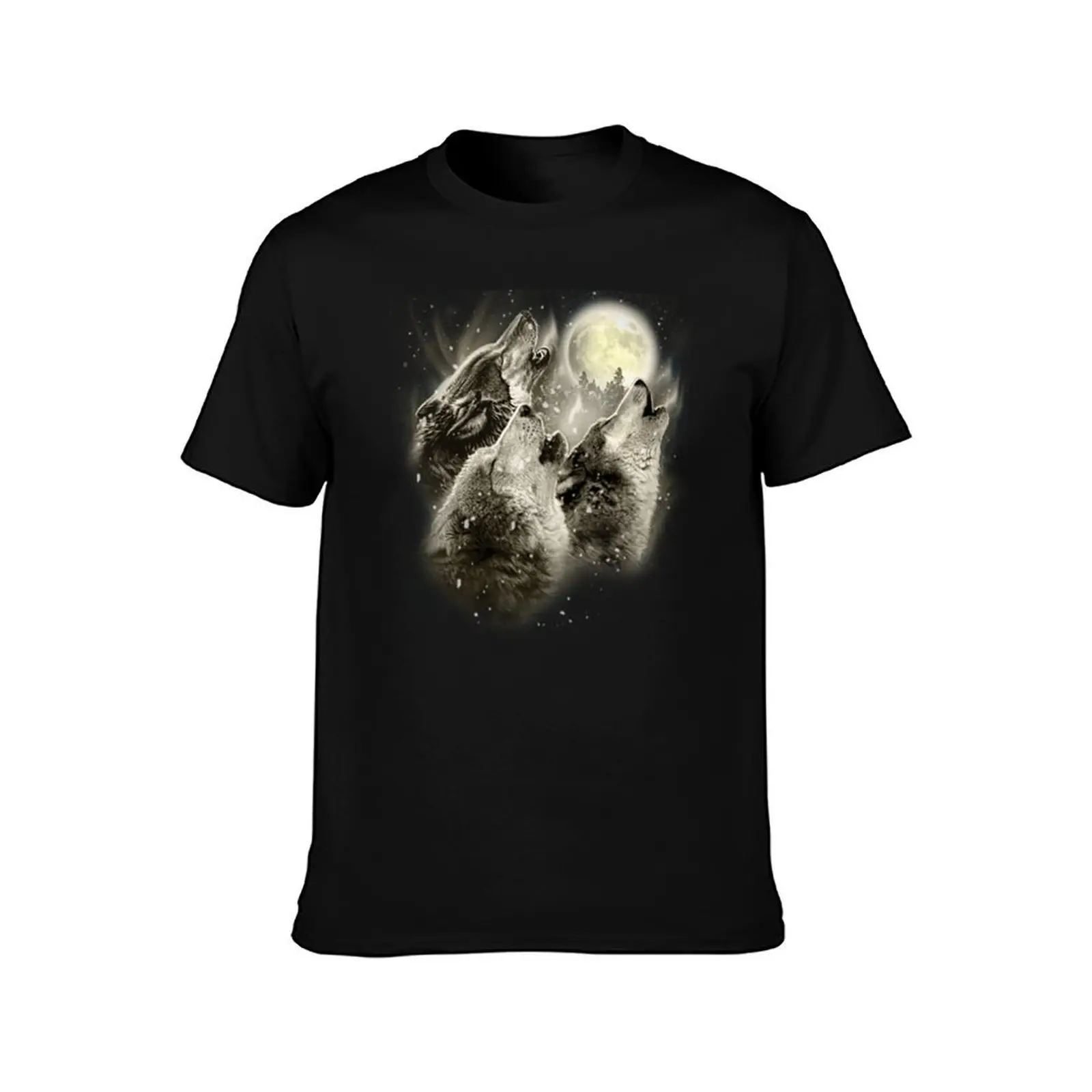 Three Wolves Howling in Moonlight T-Shirt, Summer Casual Cotton Tee, Oversized Streetwear Tops, Vintage Graphic Print