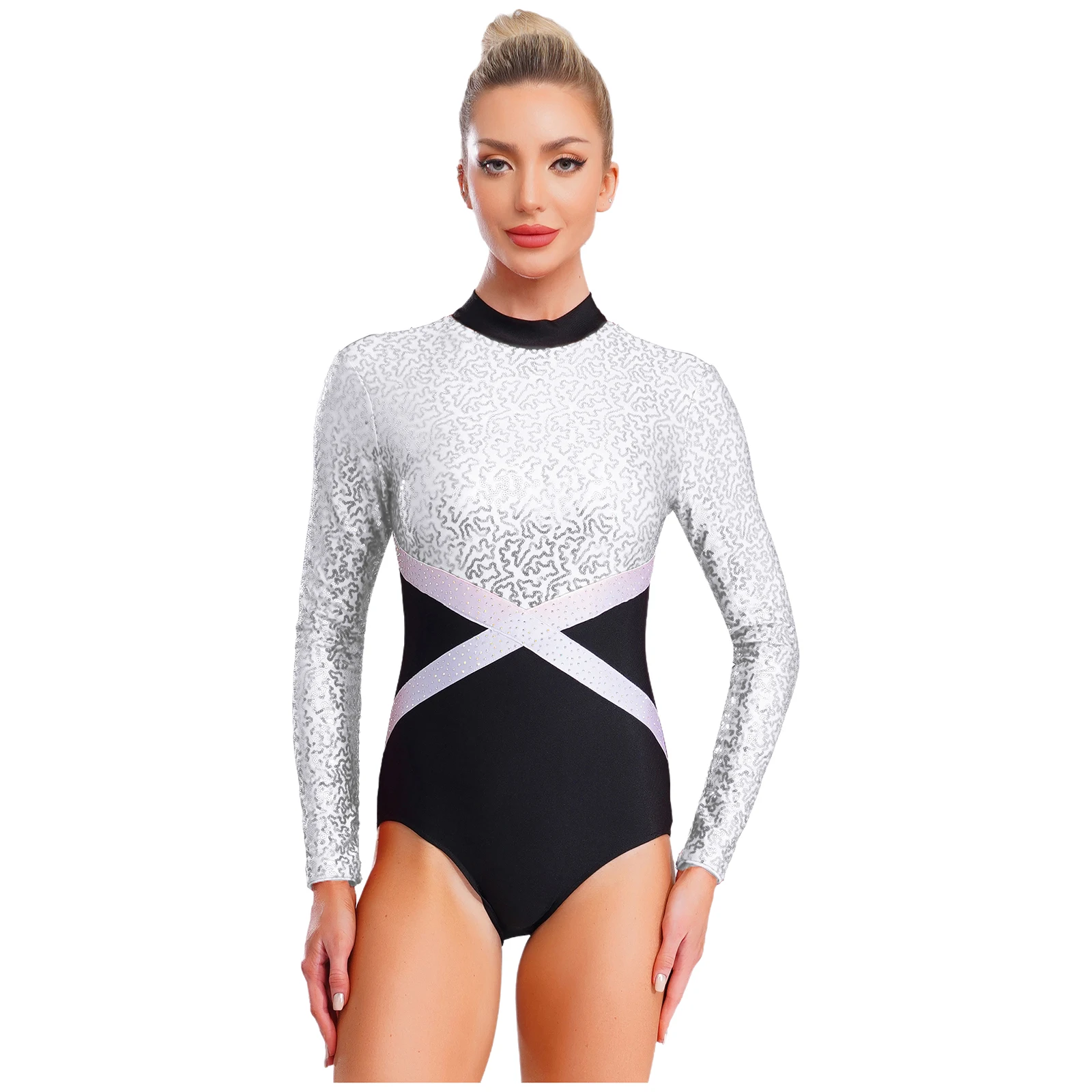 

Women Rhythmic Gymnastic Leotard Costumes Stage Ballet Dance Jumpsuits Long Sleeve Glittery Sequin Bodysuit for Figure Skating