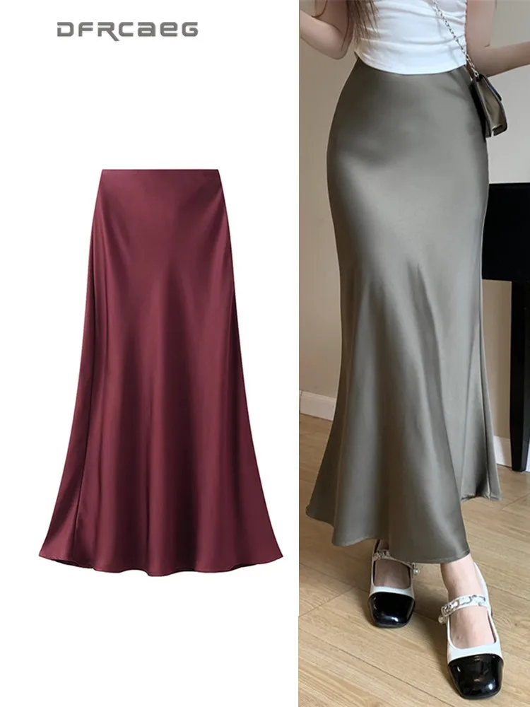 Style coréen décontracté été rouge Satin queue de poisson jupe pour les femmes taille haute mince élégant Maxi trompette dame