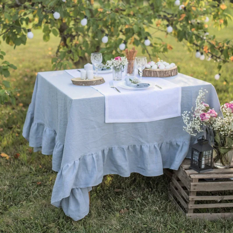 100% Pure Linen Ruffles Table Cover,Natural Fabric Flounce Tablecloth,for Kitchen Dining Party Holiday Fishtail Tabletop Decor