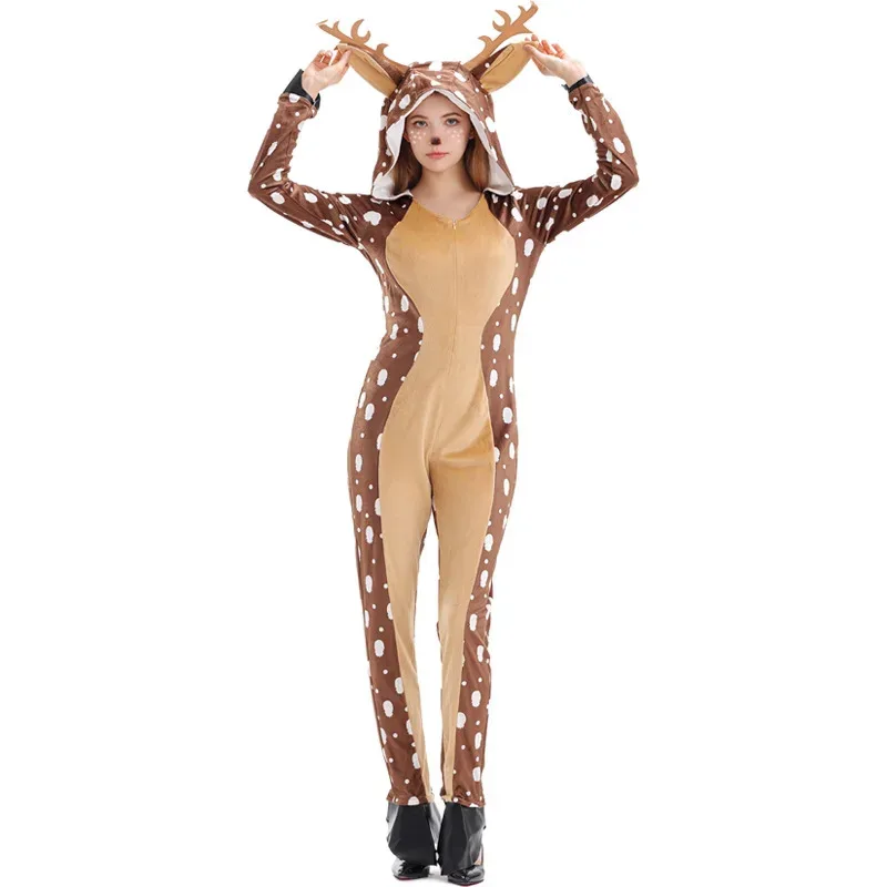 Family Christmas Party Photography Costumes Brown Deer Animal Onesies for Kids Adult Stage Performance Wear