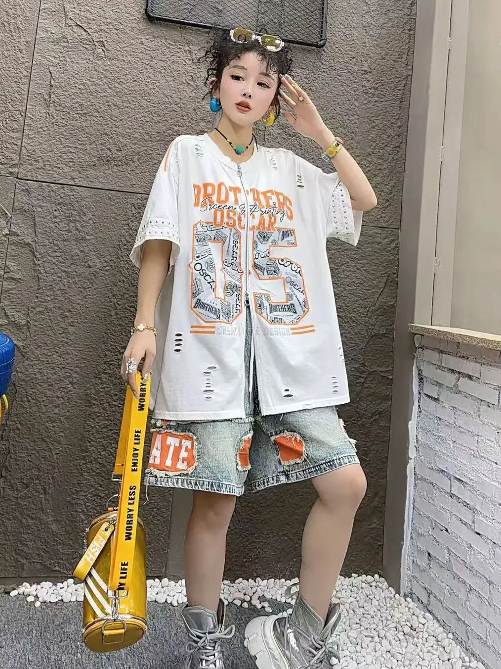 

Summer New Women's T-shirt Heavy Industry Zipper Design Letter Print Loose Short Sleeve Fashion Streetwear Cotton round Neck