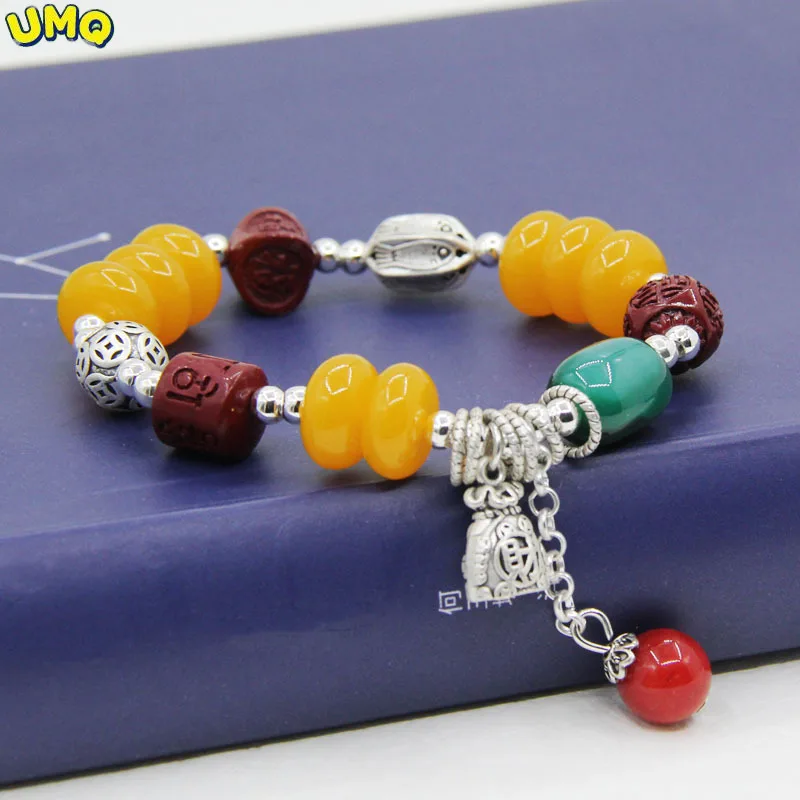 National Style Dumb Silver Multi-purpose Vermilion Six-character Truth Agate Wax Bracelet Purse Tassel Lotus Seed Female