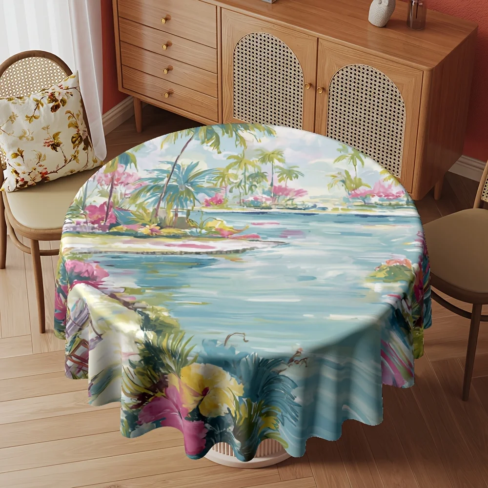 Tropical Palm Tree Floral Garden Pattern Round Tablecloth Digital Printing 60 Inches Diameter for Home Kitchen and Outdoor