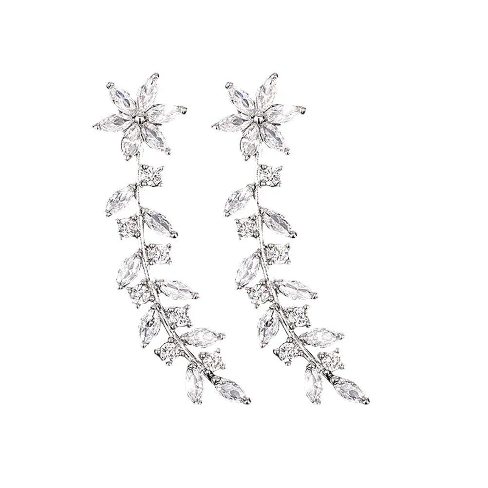 1Pair Leaf Climber Earrings Flower Design Ear Crawler Rhinestones Elegant Sweet Temperament Lightweight Comfortable Trendy Gift