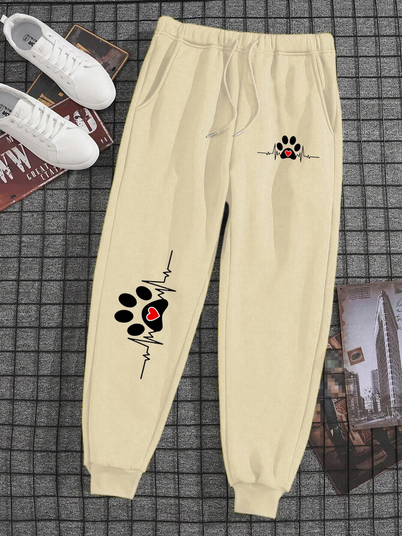 Electrocardiogram Cat Paw Print Men Women Sweatpants Loose Jogger Trousers Sweat Gym Sweatpant Warm Sports Casual Joggers Couple