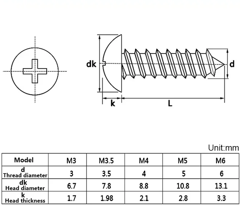 316 Stainless Steel Cross Large Flat Head Self Tapping Wood Screw Mushroom Head Self Tapping Screw