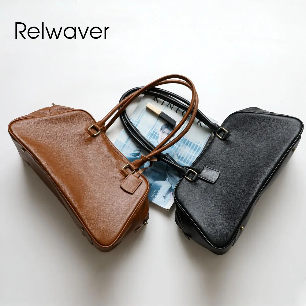 Relwaver women tote bag genuine leather handbags 2024 winter big capacity bowling bag vintage style women shoulder bag