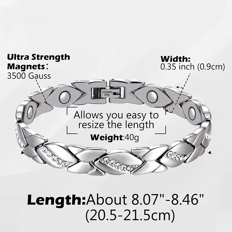 Magnetic Therapy Arthritis Pain Relief Bracelets for Women men Magnetic Steel Titanium Health Silver Color Bracelet with Crystal
