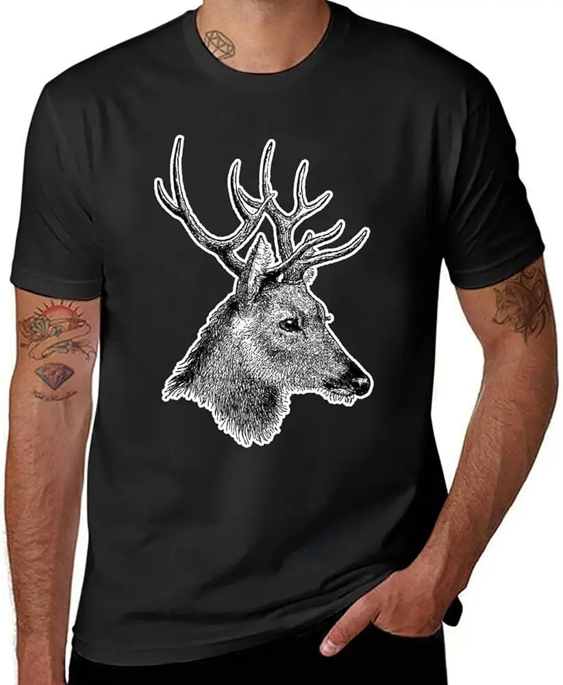 Vintage Deer Head Men's Short Sleeve T-Shirt Crewneck Shirt Cotton Regular-Fit Workout Tops Casual